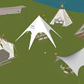 Scenic Camping Site With Various Tents Bell Tents Tipi And Waterfront Grassland