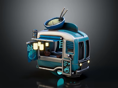 Functional Food Truck With Neon Sign Noodle Bowl Chopsticks Colorful Lights And Silver Blue Body 3d model