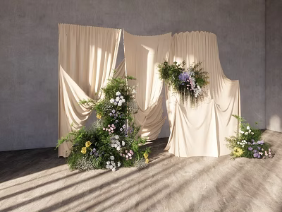 Wedding Backdrop with Beige Curtains and Floral Arrangements on Light Wooden Floor with Sunlight Shadows 3d model