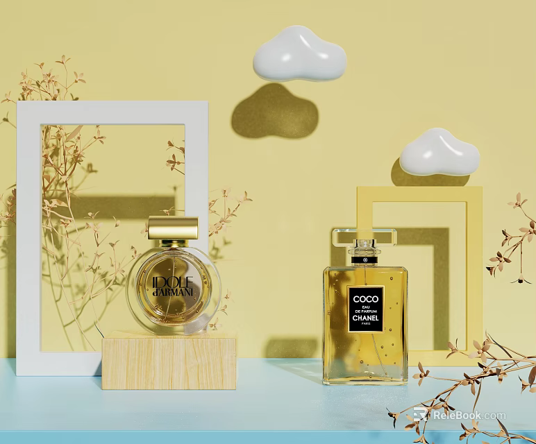 Elegant Luxury Perfume Bottles with Decorative Frames Dried Flowers and Cloud Decor 3d model 