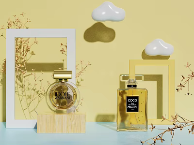 Elegant Luxury Perfume Bottles with Decorative Frames Dried Flowers and Cloud Decor 3d model