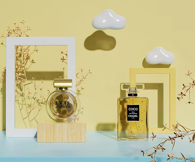 Elegant Luxury Perfume Bottles with Decorative Frames Dried Flowers and Cloud Decor 3d model