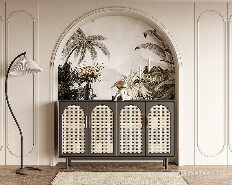 Black Rattan Doors Entryway Console Cabinet With Decorative Plants Vase Sculpture Arched Wall Background 3d model 