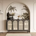 Black Rattan Doors Entryway Console Cabinet With Decorative Plants Vase Sculpture Arched Wall Background