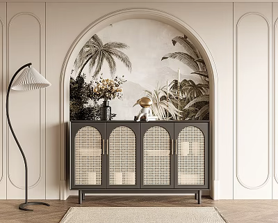 Black Rattan Doors Entryway Console Cabinet With Decorative Plants Vase Sculpture Arched Wall Background 3d model