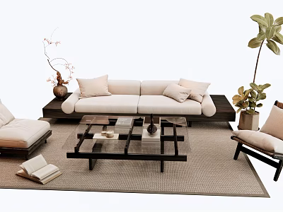 Light Sofa And Black Glass Coffee Table Set With Armchair Rug And Potted Plants 3d model