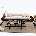 Light Sofa And Black Glass Coffee Table Set With Armchair Rug And Potted Plants