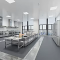 Modern Commercial Kitchen Interior With Stainless Steel Worktables Spacious Layout And Large Windows 3d model
