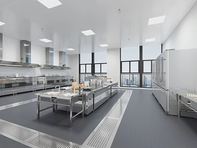 Modern Commercial Kitchen Interior With Stainless Steel Worktables Spacious Layout And Large Windows 3d model