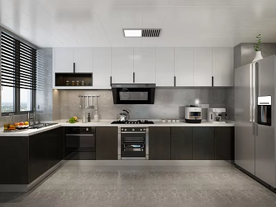 Modern Kitchen With White Upper Dark Lower Cabinets Microwave Oven Refrigerator And Window Blinds 3d model