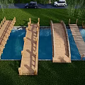 Scenic Wooden Landscape Bridge Over Water With Green Grass And Willow Trees