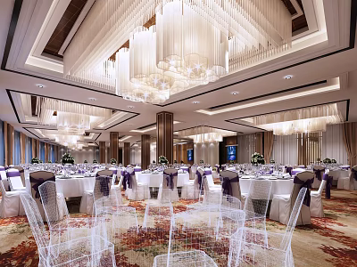 Luxurious Banquet Hall Interior With Crystal Chandeliers Round Tables Purple Chair Sashes And Patterned Carpet 3d model