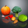 Assorted Fresh Vegetables Including Pumpkin Broccoli Cabbage and Potatoes on Dark Reflective Surface
