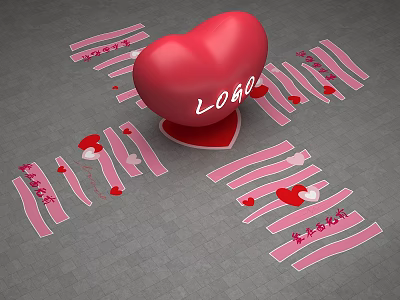 Red Heart With Logo Surrounded By Pink Ribbons And Heart Patterns 3d model