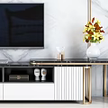 Modern TV Stand With Gold Metal Frame Marble Wall Background And Flower Vase