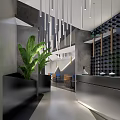 Modern Restaurant Interior With Wooden Tables Blue Seats Green Plant And Hanging Lamps