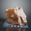 Natural Raw Stone Specimen On Display Base With Measuring Scale And Brown White Texture