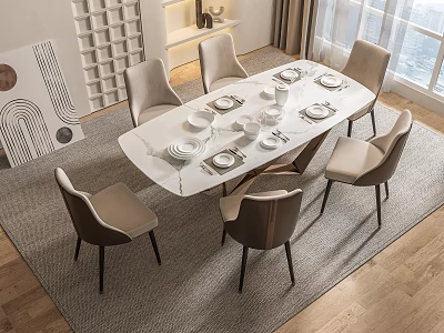 Modern White Dining Table Set With Six Beige Chairs Black Legs And Tableware On Rug 3d model