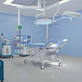 Modern Operating Room Interior With Surgical Bed Lights Medical Equipment Blue Walls And Setup
