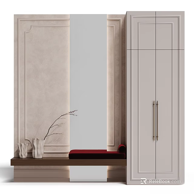 Modern Wooden Entryway Cabinet And Side Cabinet Interior Decor With Mirror Vase And Red Bench 3d model 