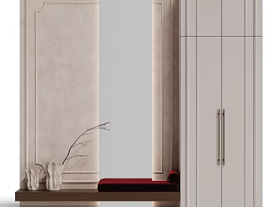 Modern Wooden Entryway Cabinet And Side Cabinet Interior Decor With Mirror Vase And Red Bench 3d model