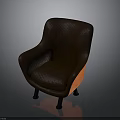 Modern Brown Leather Chair With Curved Backrest Armrest And Black Metal Legs