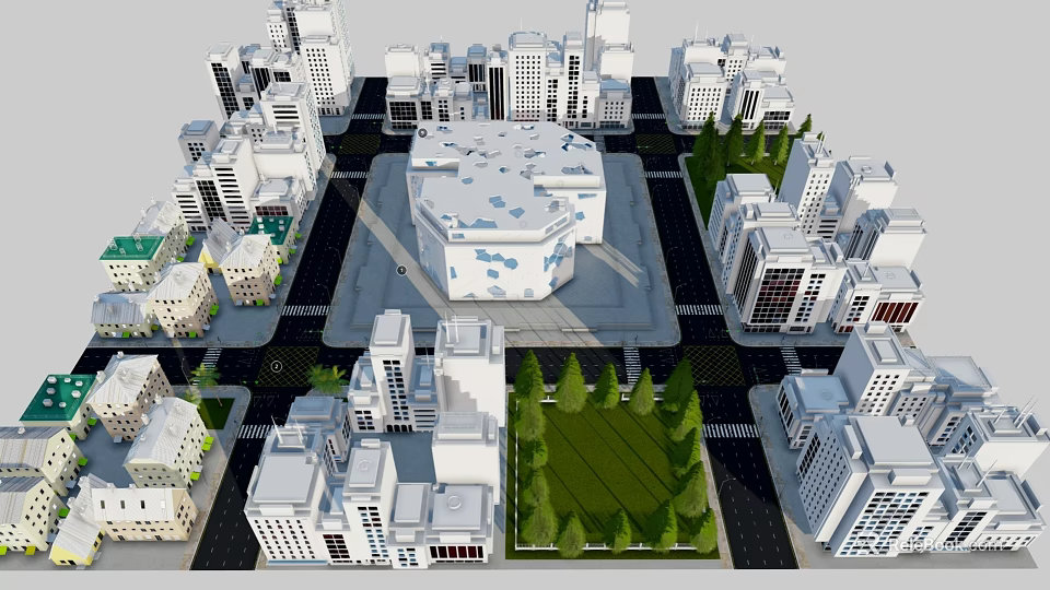Cartoon City Scene With White Buildings Central Hexagonal Structure Green Trees And Roads 3d model 