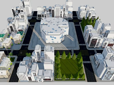 Cartoon City Scene With White Buildings Central Hexagonal Structure Green Trees And Roads 3d model