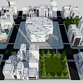 Cartoon City Scene With White Buildings Central Hexagonal Structure Green Trees And Roads