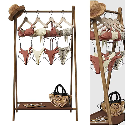 Pink And Beige Bikini Sets Hanging On Wooden Rack With Wicker Handbag And Sandals 3d model