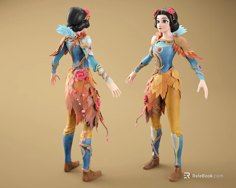 Game Movie Character with Black Hair Blue Outfit Yellow Pants Red Flower and Leaf Decorations 3d model 