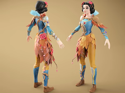 Game Movie Character with Black Hair Blue Outfit Yellow Pants Red Flower and Leaf Decorations 3d model