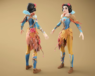 Game Movie Character with Black Hair Blue Outfit Yellow Pants Red Flower and Leaf Decorations 3d model