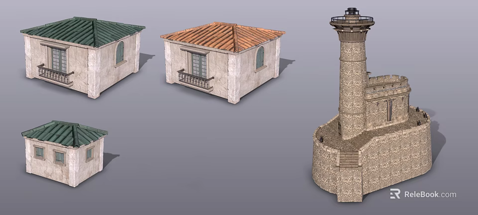 Various Architectural Building Models Featuring Green Red Roofs Balcony Lighthouse And Stone Structure 3d model 