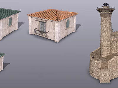 Various Architectural Building Models Featuring Green Red Roofs Balcony Lighthouse And Stone Structure 3d model