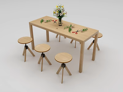 Wooden Table and Stool Set with Flower Vase Herbs and Scissors on Top 3d model