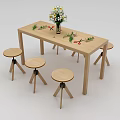 Wooden Table and Stool Set with Flower Vase Herbs and Scissors on Top