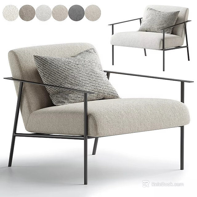 Modern Leisure Chair With Beige Fabric Cushion And Black Metal Armrest Frame 3d model 