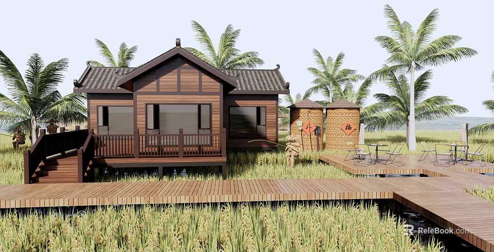 Traditional Wooden Guesthouse With Tiled Roof Palm Trees And Rice Field View 3d model 