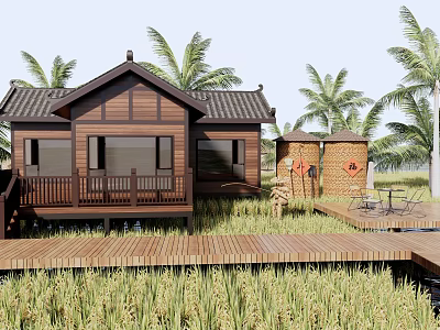 Traditional Wooden Guesthouse With Tiled Roof Palm Trees And Rice Field View 3d model