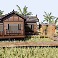 Traditional Wooden Guesthouse With Tiled Roof Palm Trees And Rice Field View