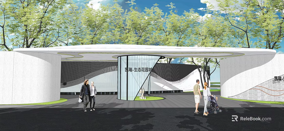 Modern Building Facade With Curved Canopy Trees Pedestrians And Open Design 3d model 