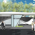 Modern Building Facade With Curved Canopy Trees Pedestrians And Open Design
