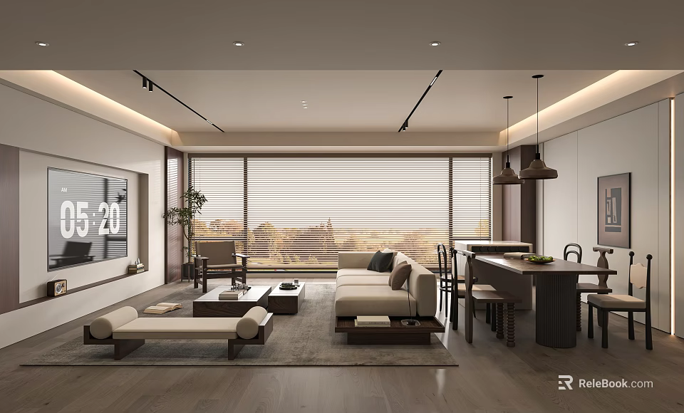 Modern Living Dining Room Interior With Large Windows Roller Blinds Sofa And Dining Table 3d model 