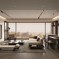 Modern Living Dining Room Interior With Large Windows Roller Blinds Sofa And Dining Table