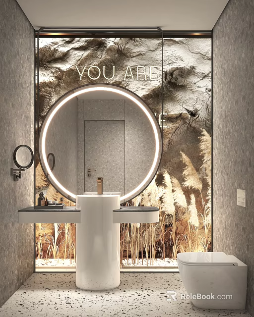 Bathroom Interior Design With Round Illuminated Mirror White Vanity Gray Walls And Reeds 3d model 