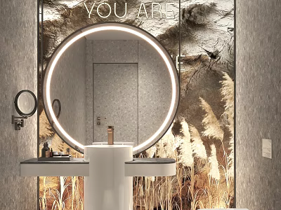 Bathroom Interior Design With Round Illuminated Mirror White Vanity Gray Walls And Reeds 3d model