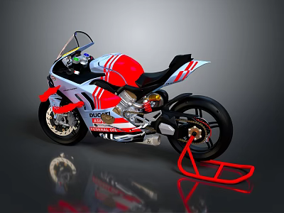 Red and White Racing Motorcycle With Sleek Body Sporty Design And Red Stand 3d model