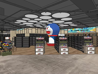 Supermarket Department Store With Large Cartoon Character Shelves Products Round Ceiling Lights And Colorful Billboard 3d model