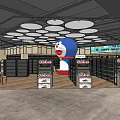 Supermarket Department Store With Large Cartoon Character Shelves Products Round Ceiling Lights And Colorful Billboard